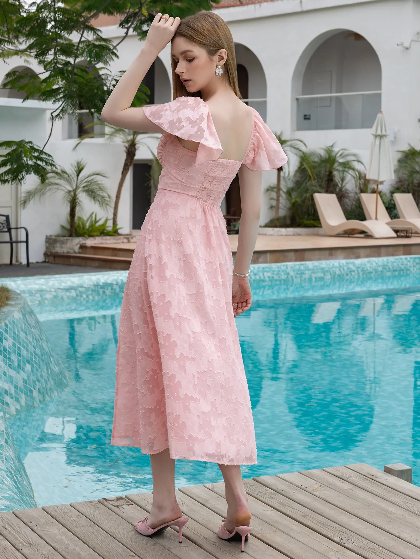 Flounce Sleeve Ruched Bust Chiffon Jacquard Midi Dress