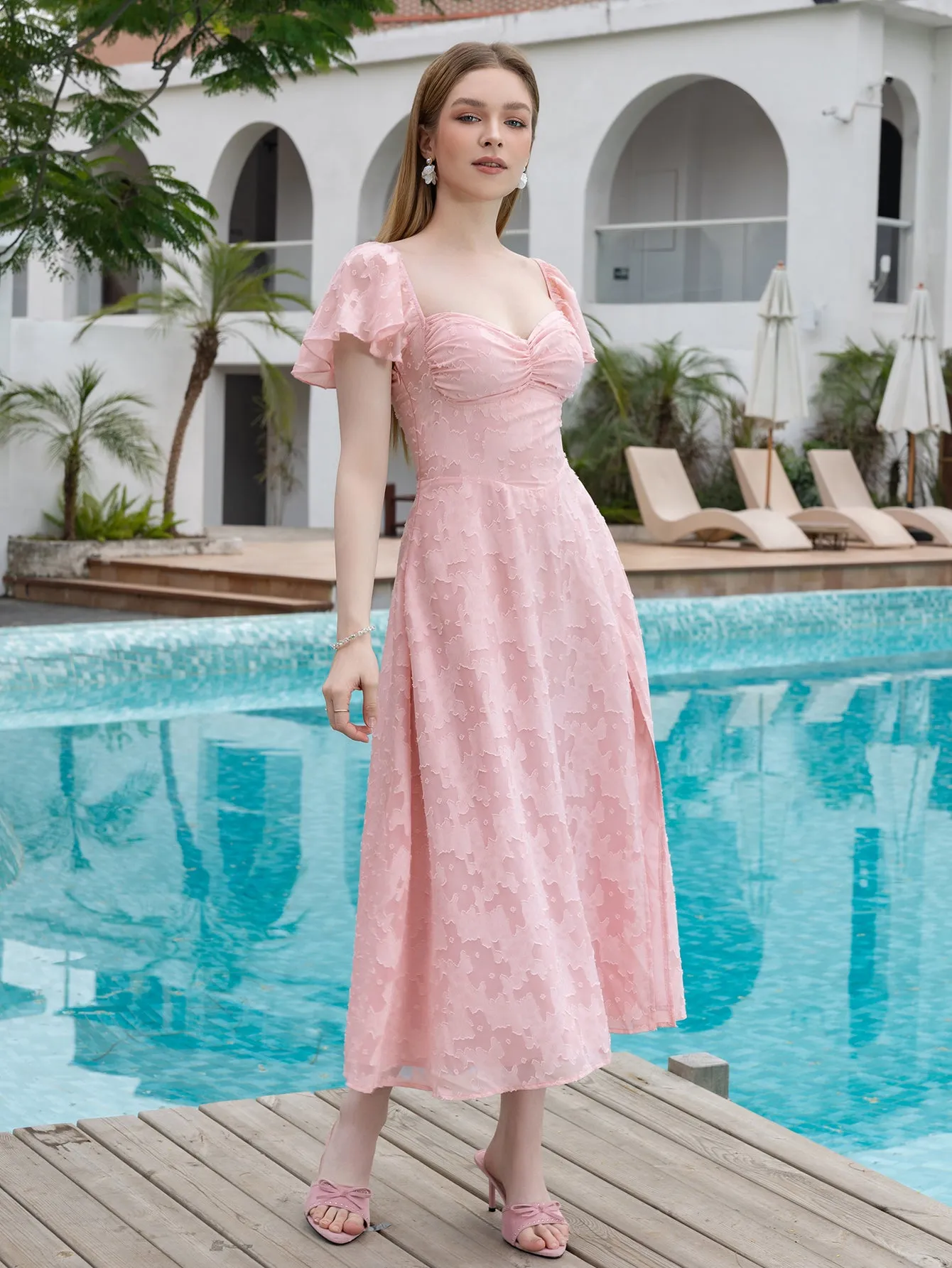 Flounce Sleeve Ruched Bust Chiffon Jacquard Midi Dress