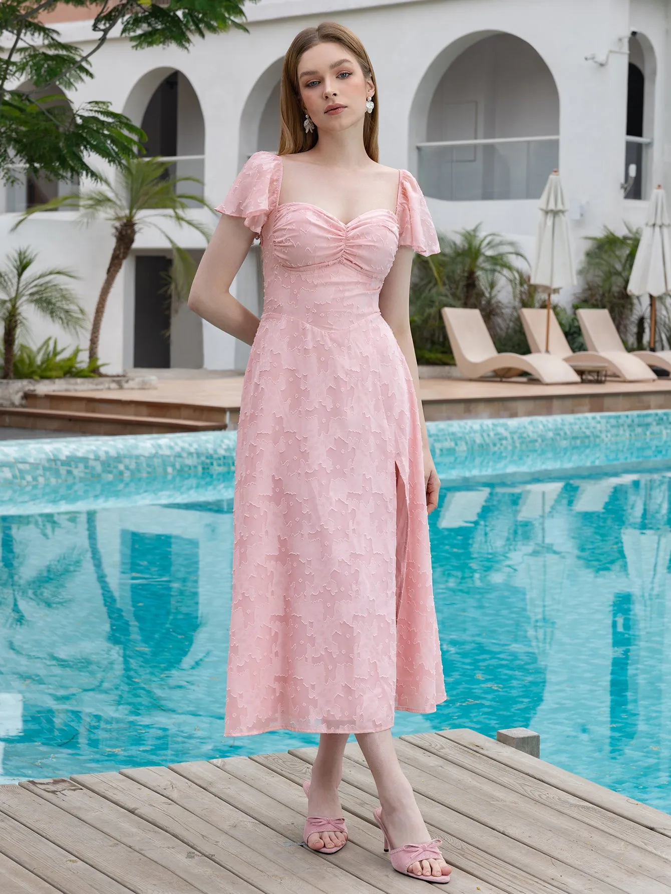 Flounce Sleeve Ruched Bust Chiffon Jacquard Midi Dress