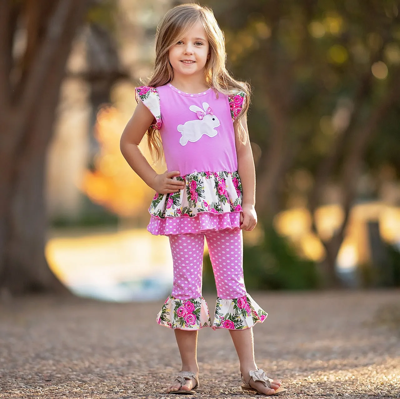 Girls Pink Easter Bunny Floral Tunic and Capri Set | 2/3T
