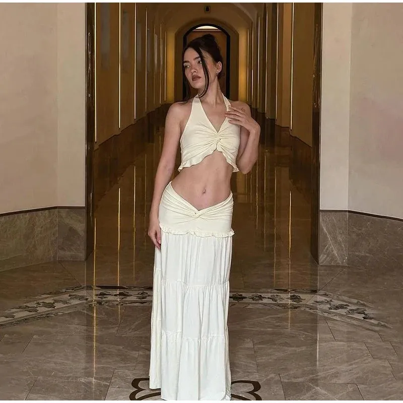 Halter Twist Crop Top and Pleated Long Skirt Suit