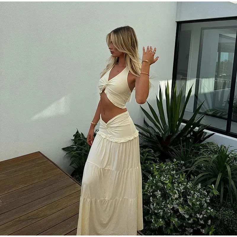 Halter Twist Crop Top and Pleated Long Skirt Suit
