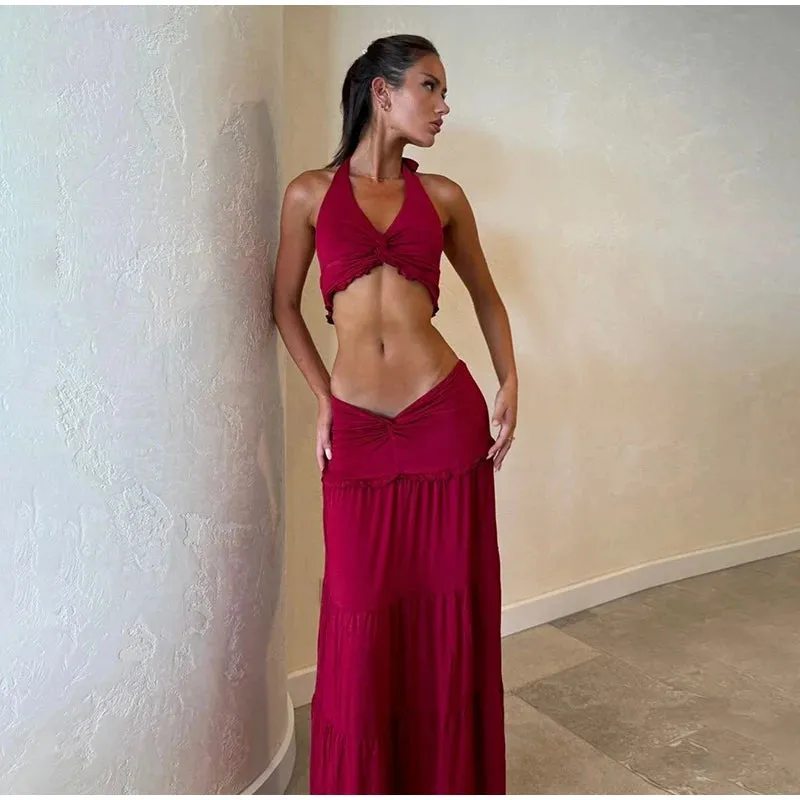 Halter Twist Crop Top and Pleated Long Skirt Suit