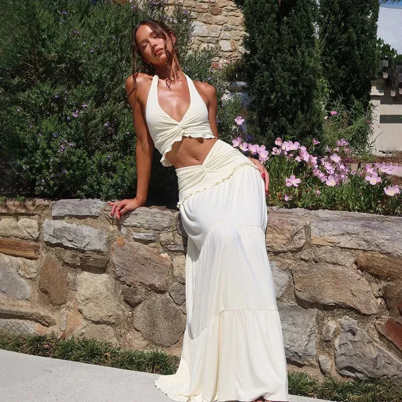 Halter Twist Crop Top and Pleated Long Skirt Suit