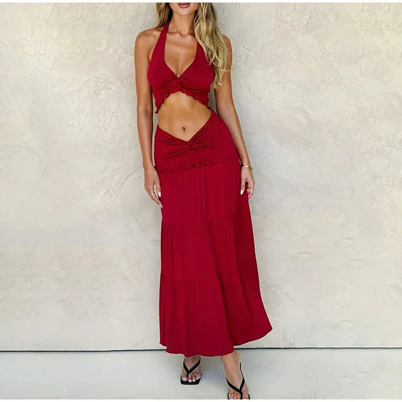 Halter Twist Crop Top and Pleated Long Skirt Suit