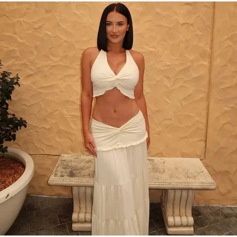 Halter Twist Crop Top and Pleated Long Skirt Suit