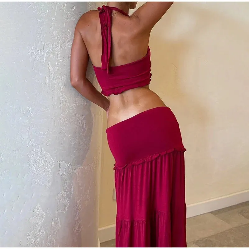 Halter Twist Crop Top and Pleated Long Skirt Suit