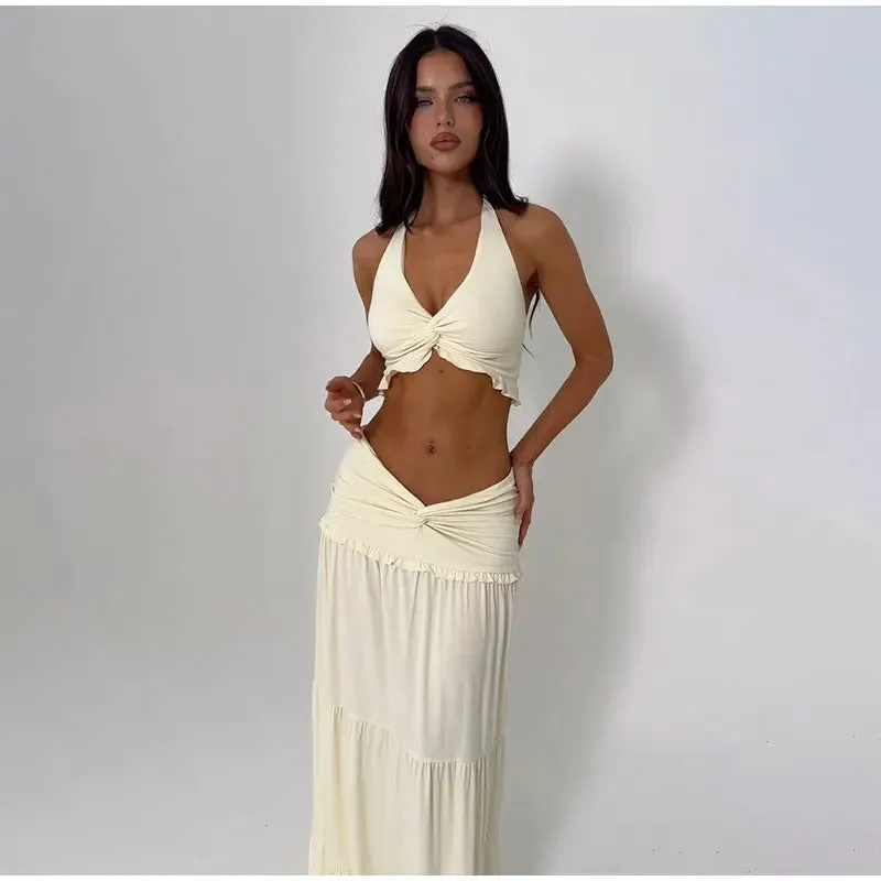 Halter Twist Crop Top and Pleated Long Skirt Suit