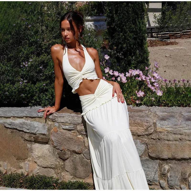Halter Twist Crop Top and Pleated Long Skirt Suit