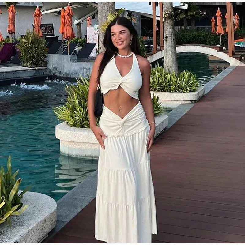 Halter Twist Crop Top and Pleated Long Skirt Suit