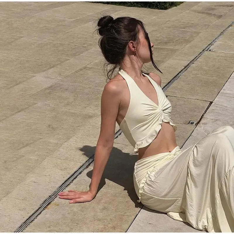 Halter Twist Crop Top and Pleated Long Skirt Suit