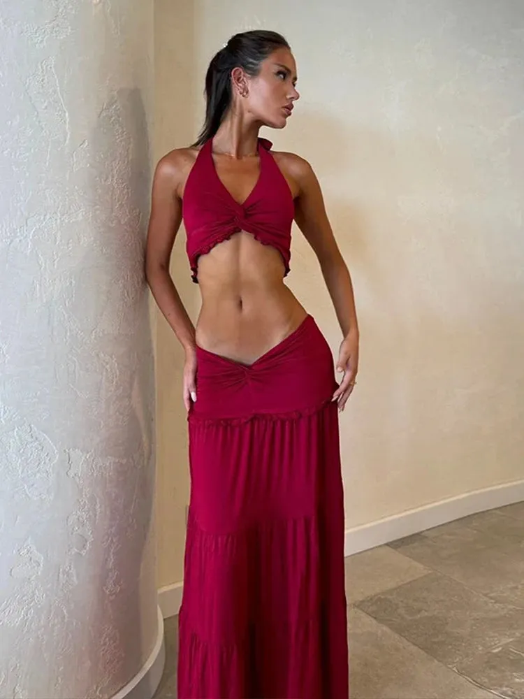 Halter Twist Crop Top and Pleated Long Skirt Suit