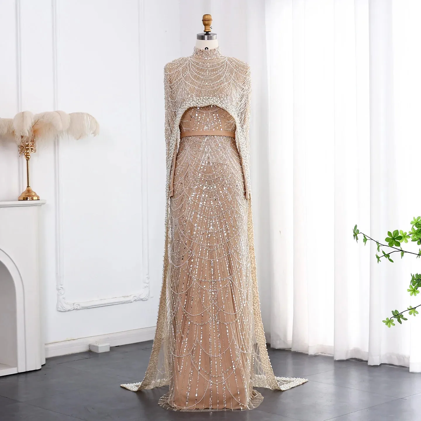 HELEN Luxury Long Sleeves Evening Dress with Cape