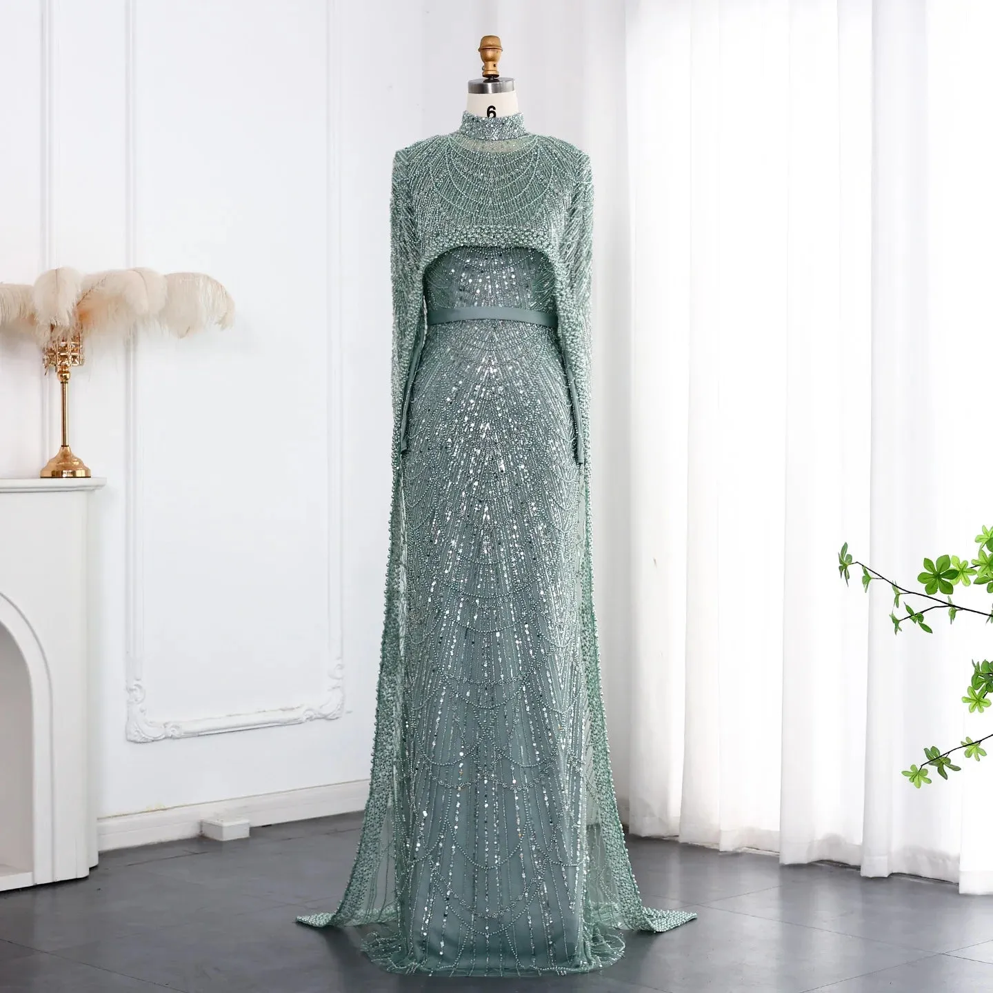 HELEN Luxury Long Sleeves Evening Dress with Cape