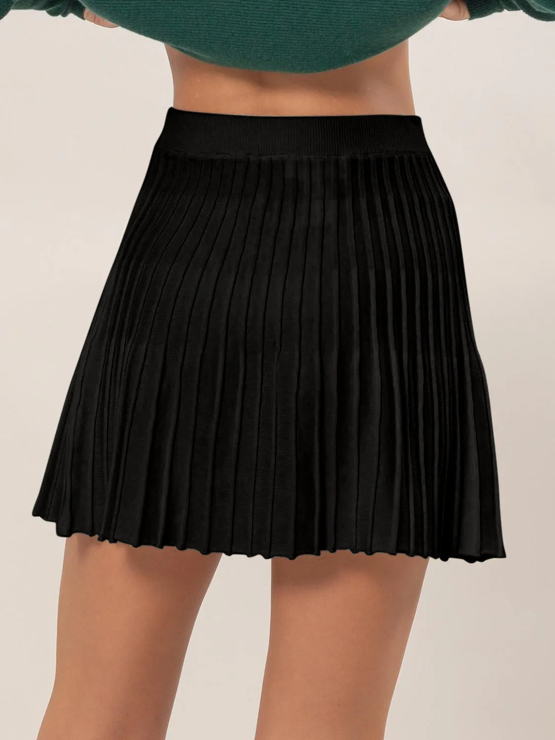 High Waist Knit Pleated Flare Mini Skirt in Black