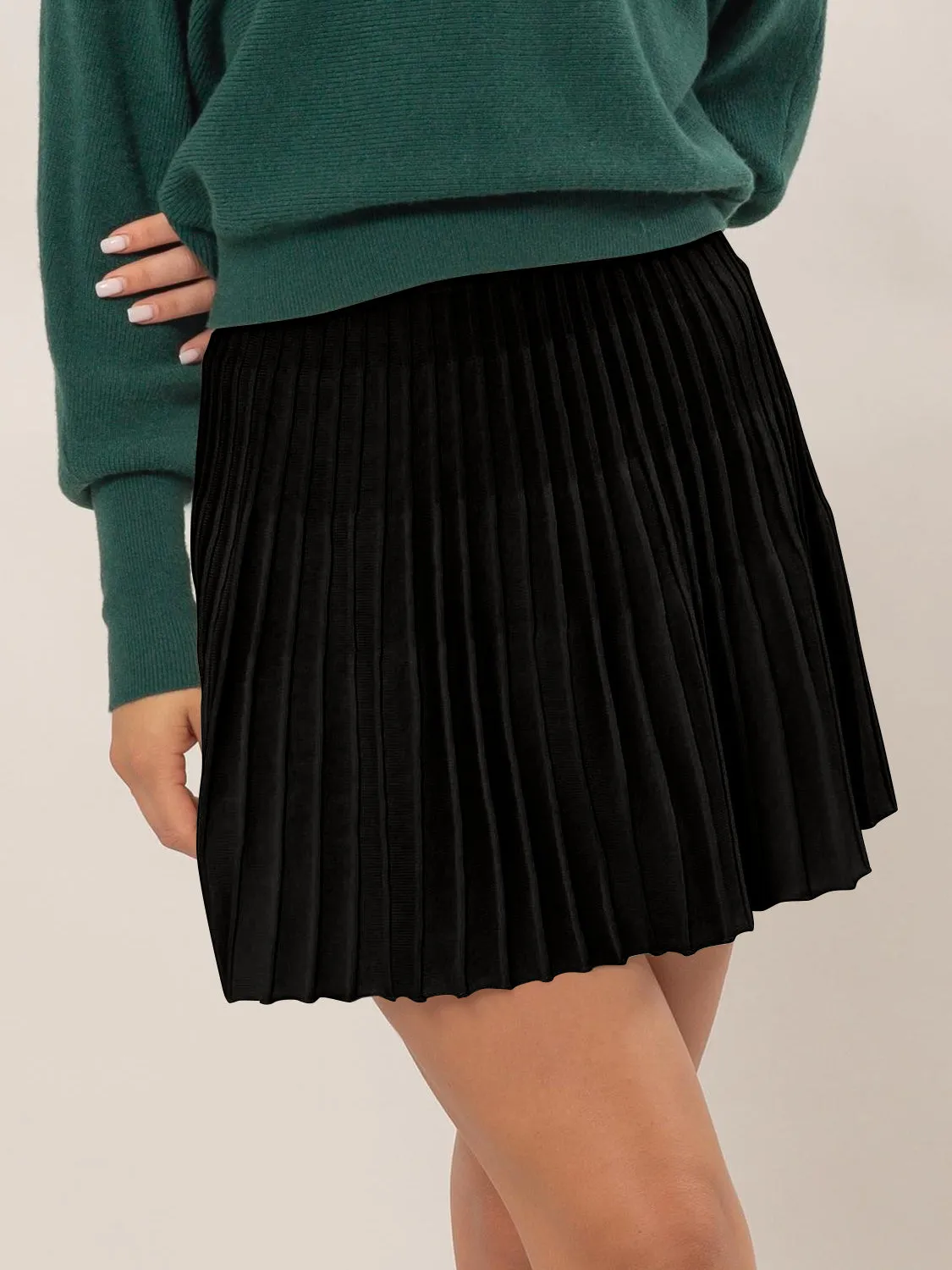 High Waist Knit Pleated Flare Mini Skirt in Black