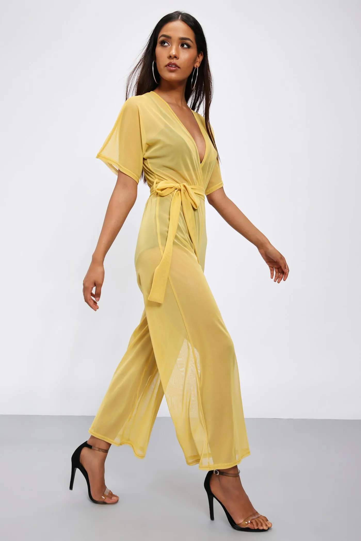Honeydew Wrap Top Culotte Mesh Jumpsuit