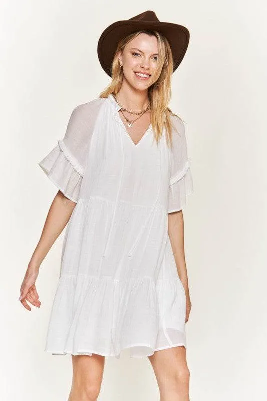 Jade By Jane Ruffled V-Neck Short Sleeves Tiered Mini Dress JBJ1054A