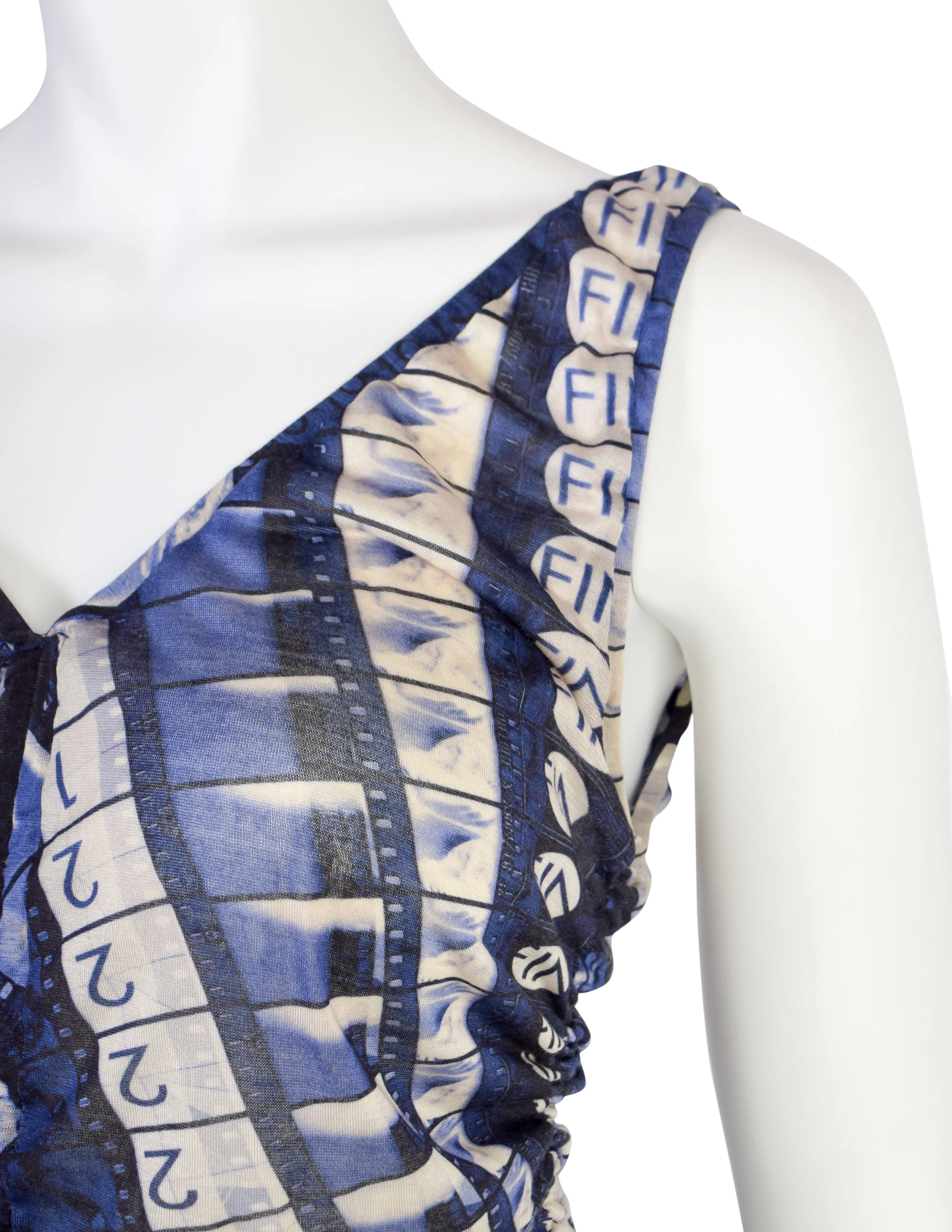Jean Paul Gaultier Vintage Purple Cinema Filmstrip Print Ruched Silk Jersey Tank Top