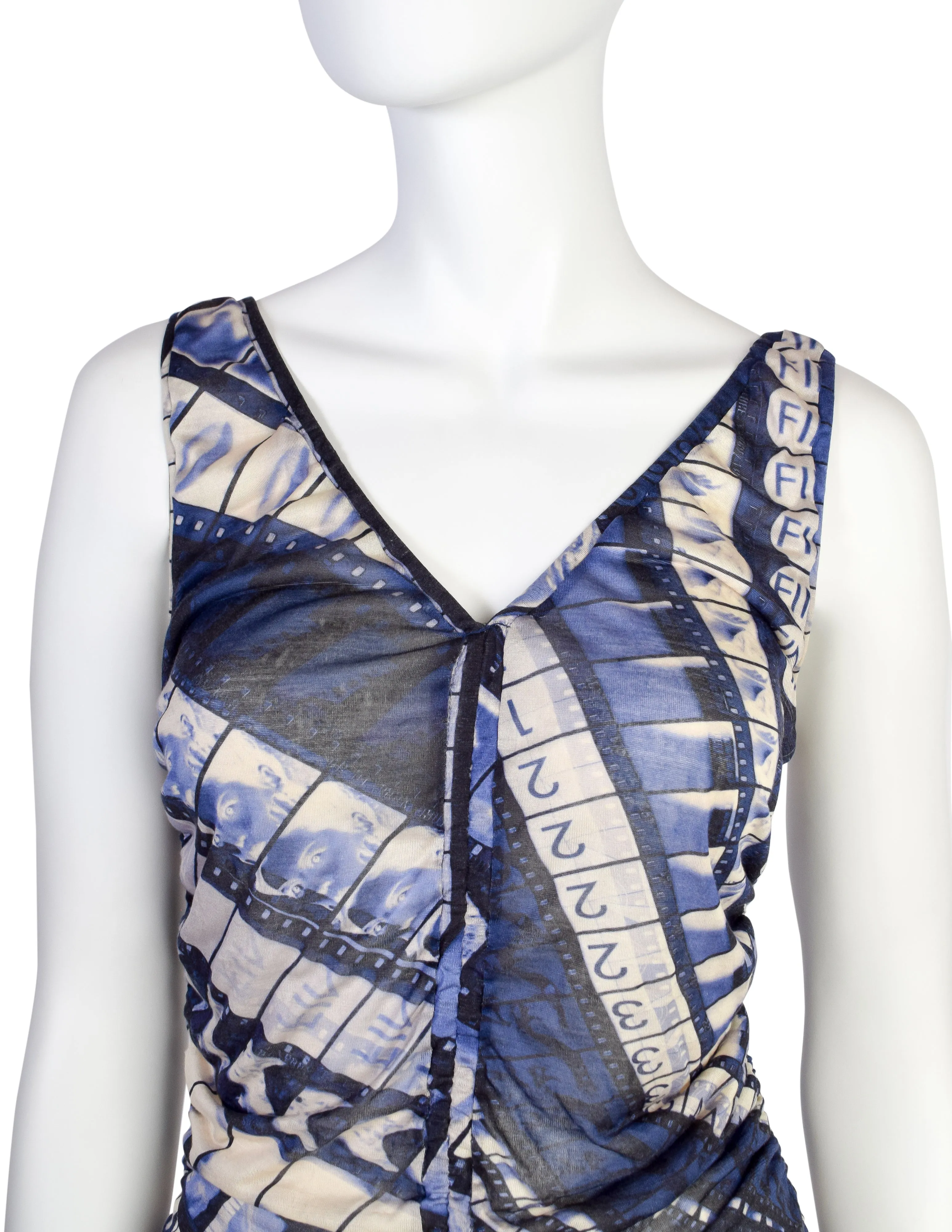 Jean Paul Gaultier Vintage Purple Cinema Filmstrip Print Ruched Silk Jersey Tank Top