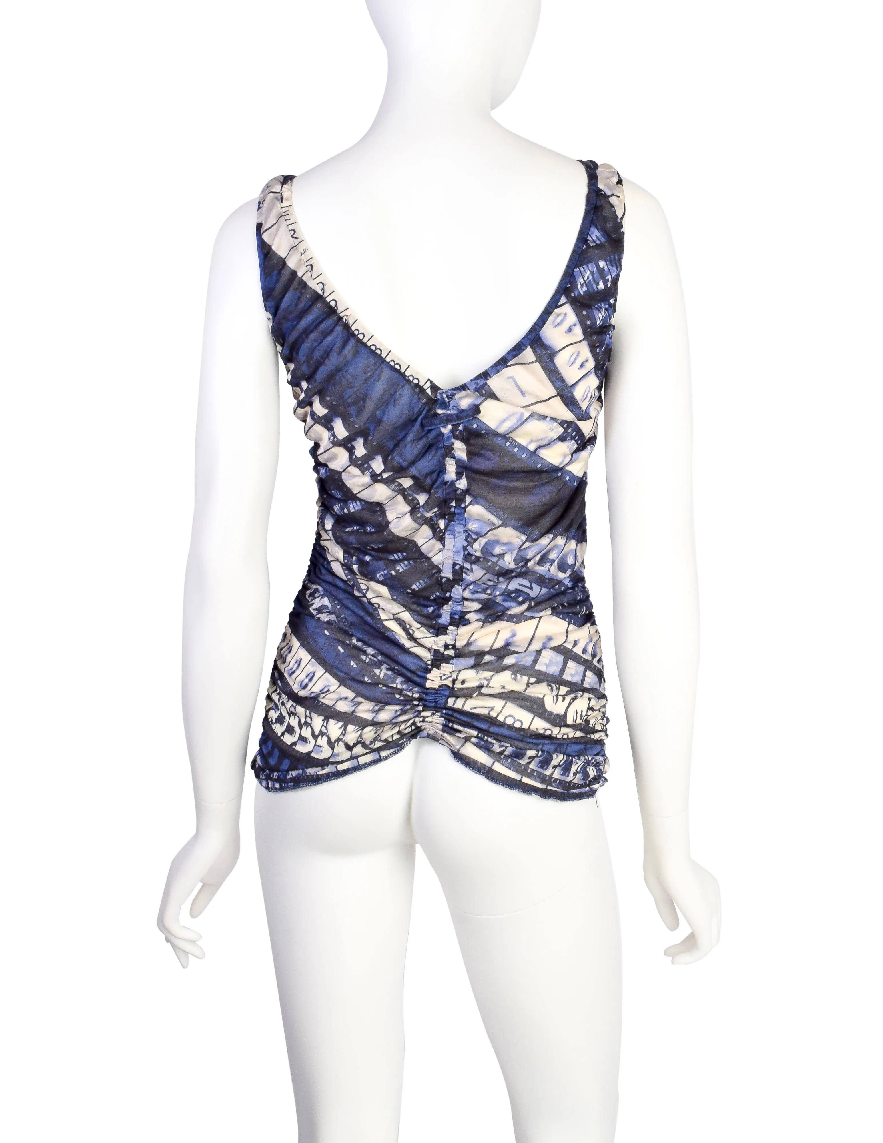 Jean Paul Gaultier Vintage Purple Cinema Filmstrip Print Ruched Silk Jersey Tank Top