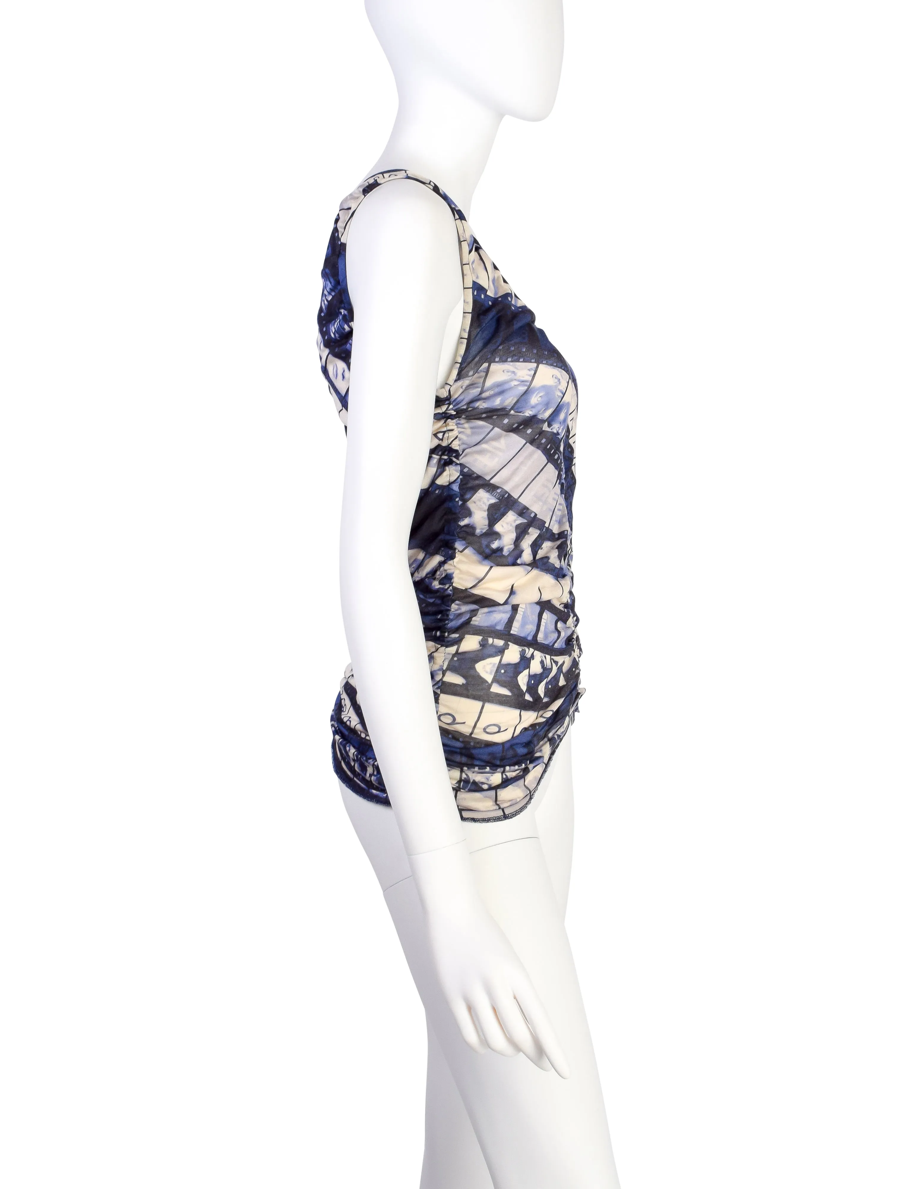 Jean Paul Gaultier Vintage Purple Cinema Filmstrip Print Ruched Silk Jersey Tank Top