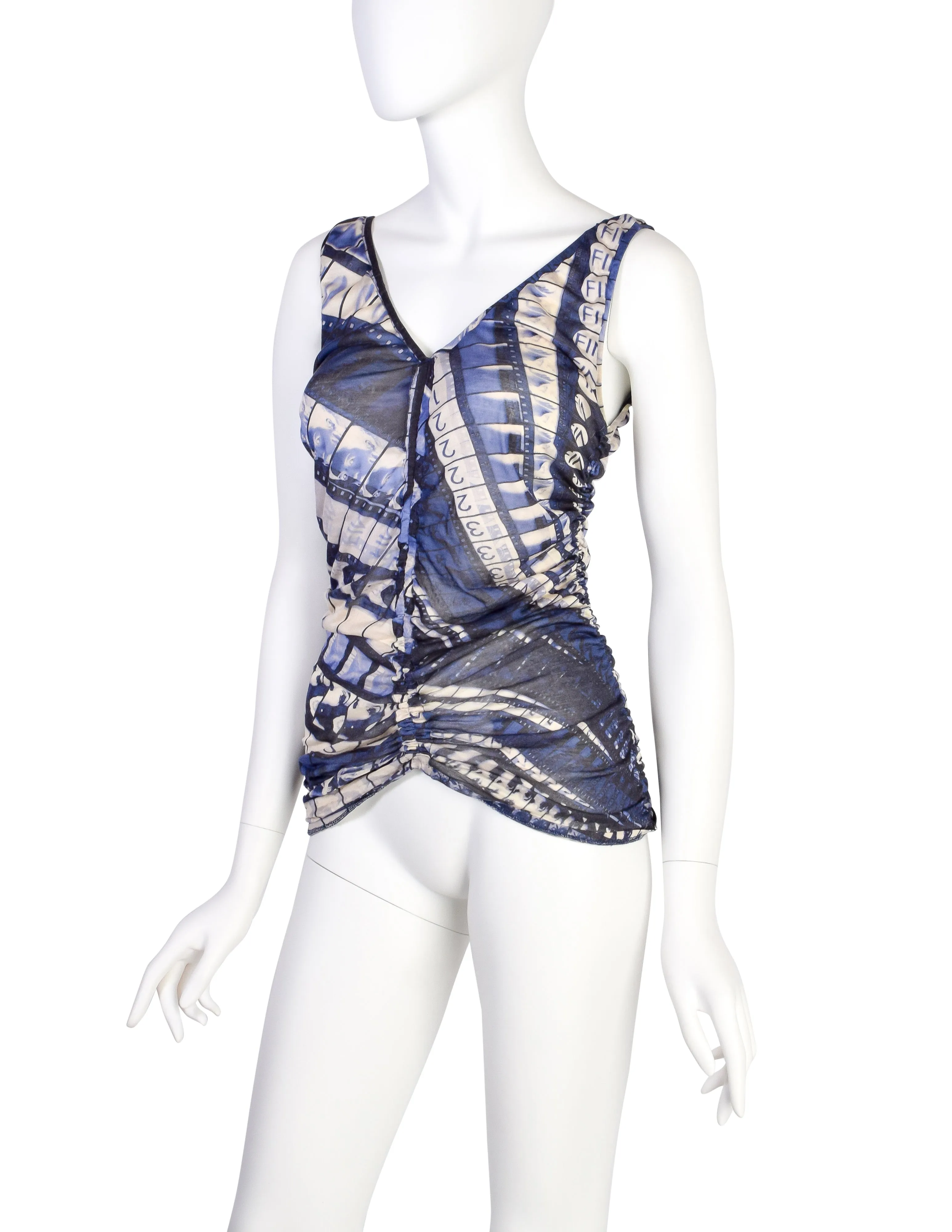 Jean Paul Gaultier Vintage Purple Cinema Filmstrip Print Ruched Silk Jersey Tank Top