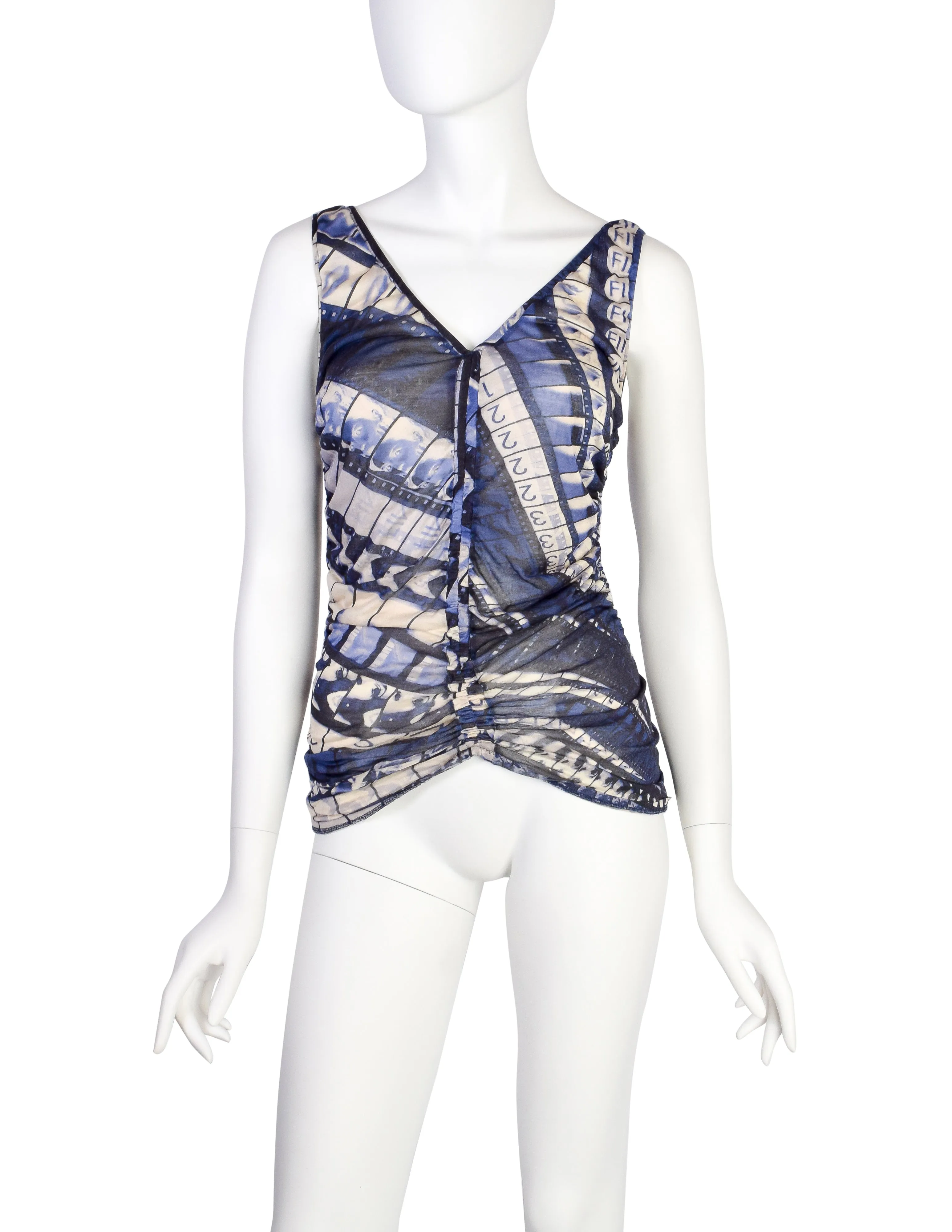 Jean Paul Gaultier Vintage Purple Cinema Filmstrip Print Ruched Silk Jersey Tank Top