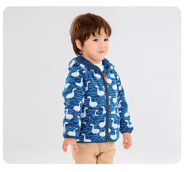 Kids Winter Hooded Fleece Jacket - Ducks in Blue (2-8 years)
