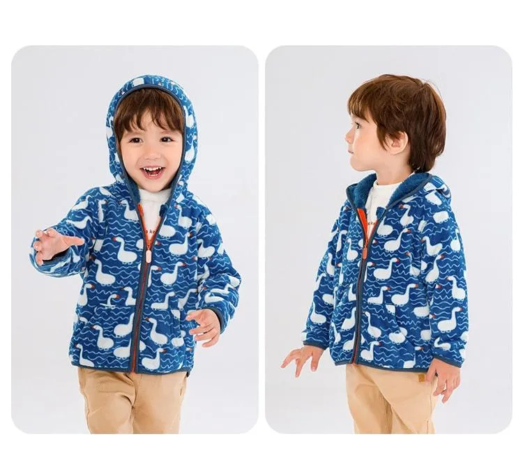 Kids Winter Hooded Fleece Jacket - Ducks in Blue (2-8 years)