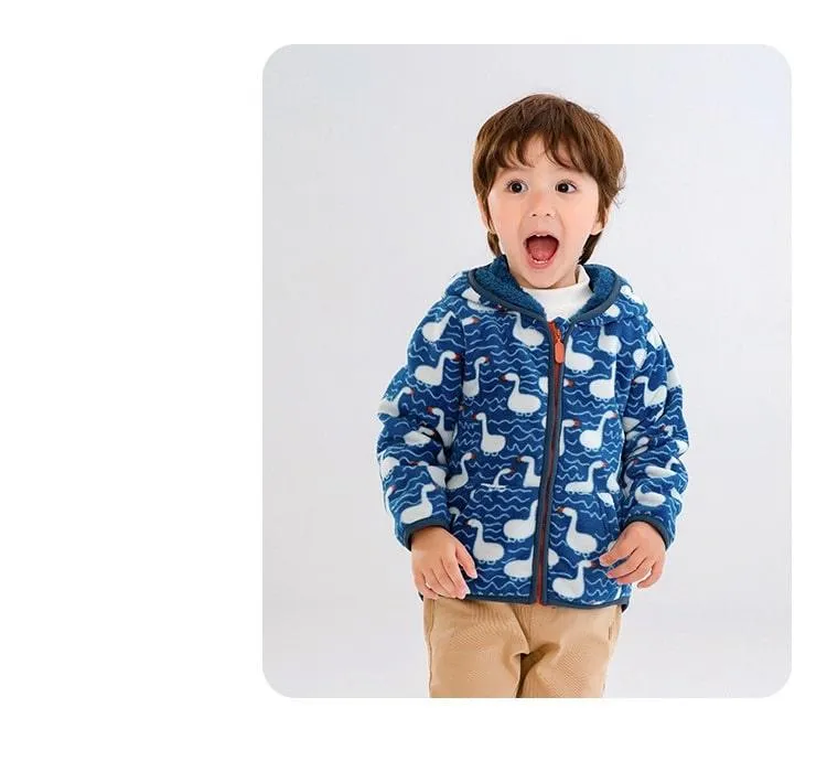 Kids Winter Hooded Fleece Jacket - Ducks in Blue (2-8 years)