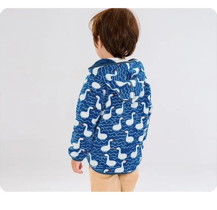 Kids Winter Hooded Fleece Jacket - Ducks in Blue (2-8 years)