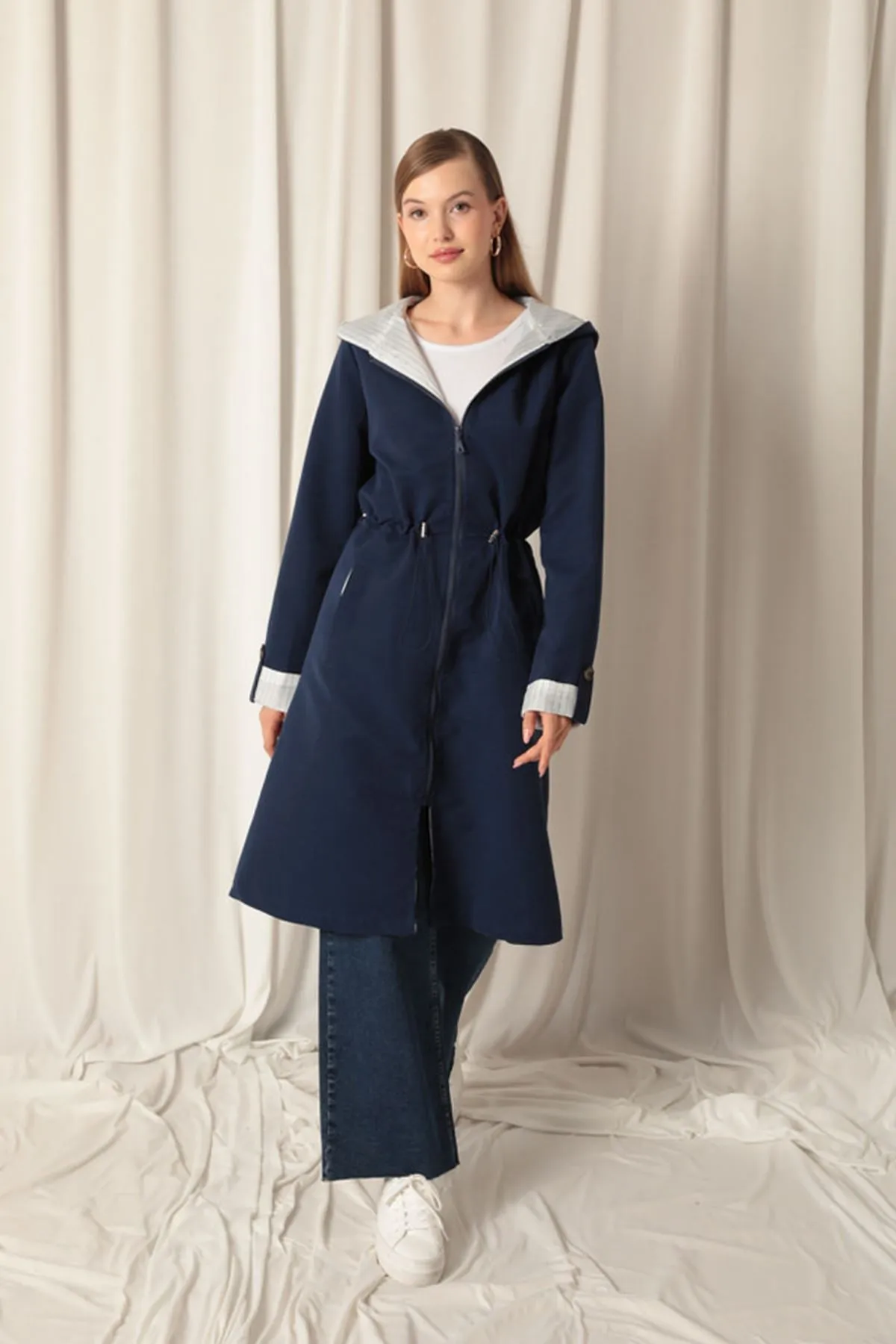 KKT Torino Fabric Striped Hooded Women's Navy Blue Raincoat - Rincón de Romos