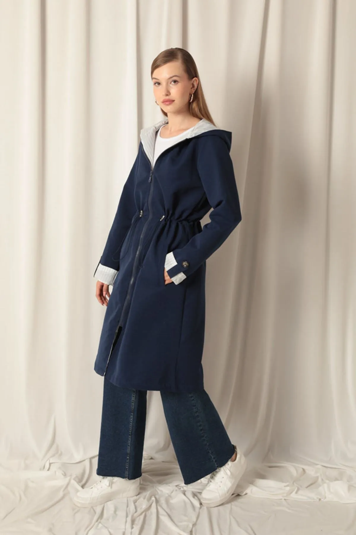 KKT Torino Fabric Striped Hooded Women's Navy Blue Raincoat - Rincón de Romos