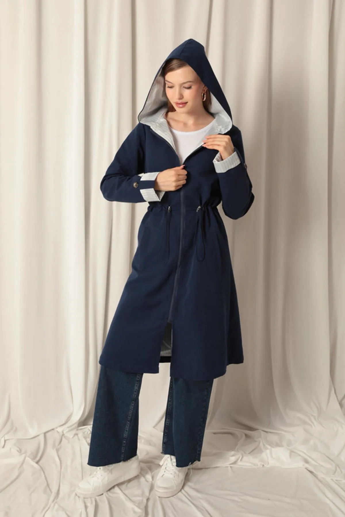 KKT Torino Fabric Striped Hooded Women's Navy Blue Raincoat - Rincón de Romos