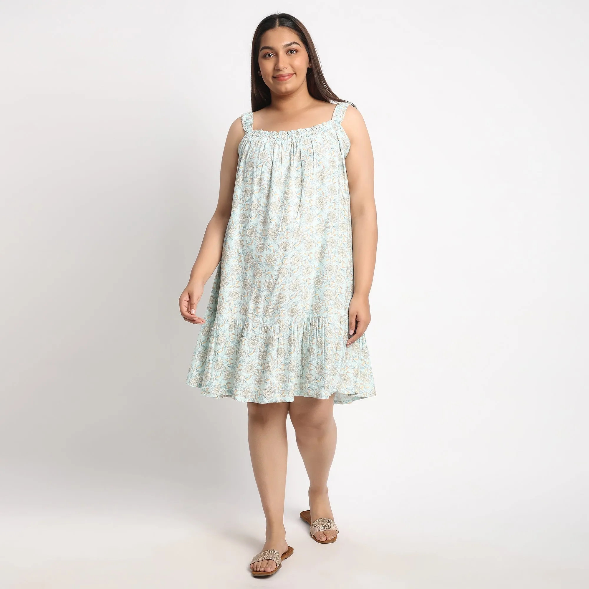 Light Blue Printed Viscose Dobby Plus Size Slip Dress
