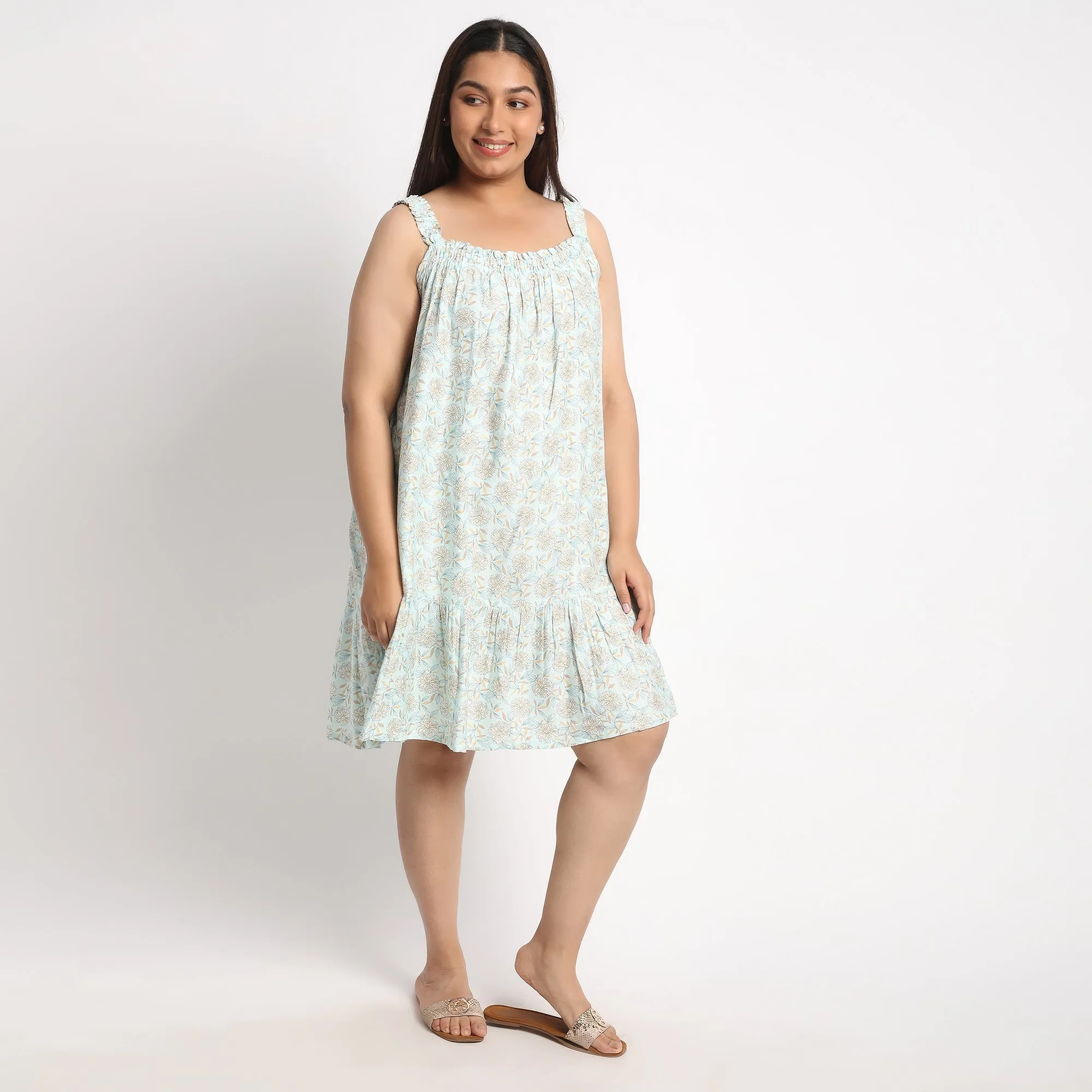 Light Blue Printed Viscose Dobby Plus Size Slip Dress