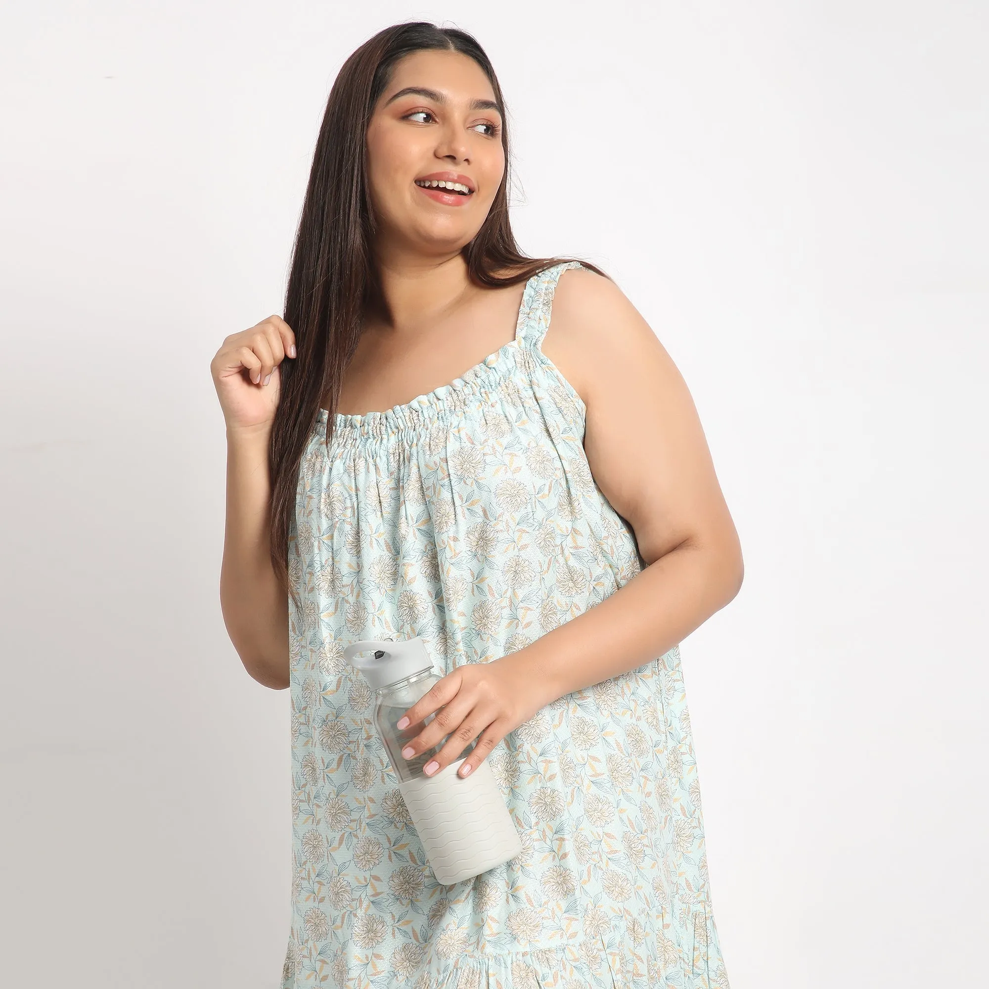 Light Blue Printed Viscose Dobby Plus Size Slip Dress