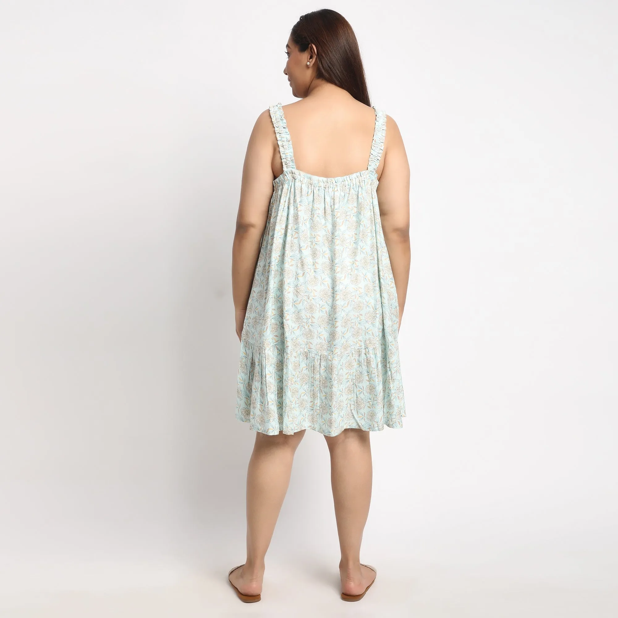 Light Blue Printed Viscose Dobby Plus Size Slip Dress