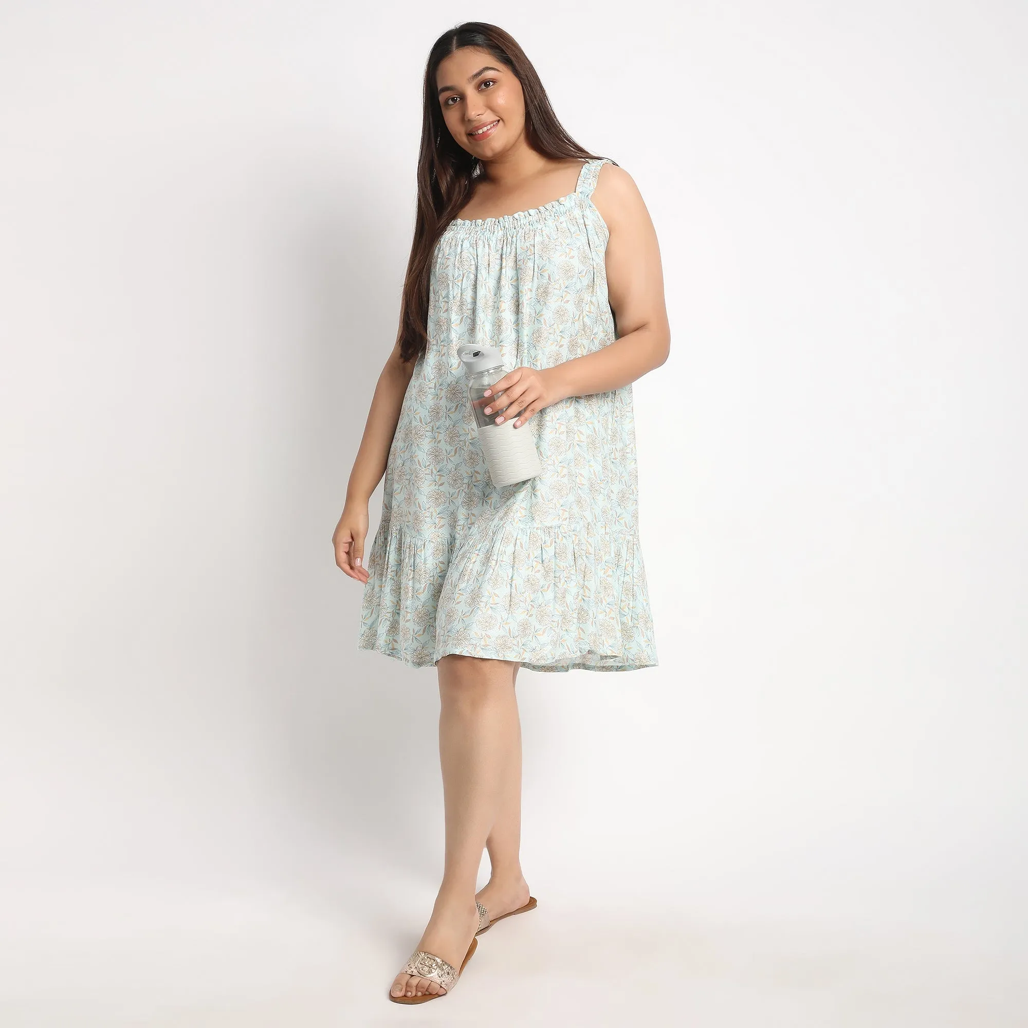 Light Blue Printed Viscose Dobby Plus Size Slip Dress