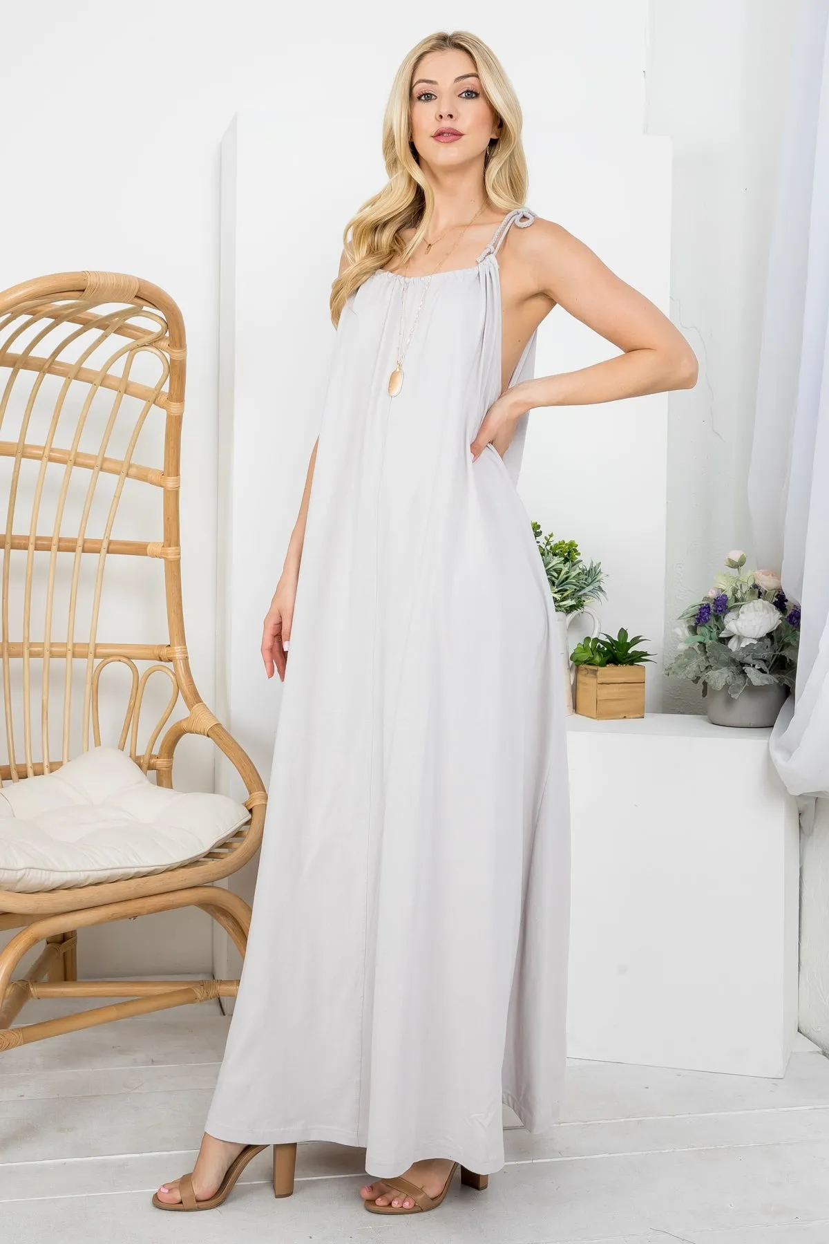 LIGHT GRAY ADJUSTABLE SHOULDER TIE MAXI DRESS