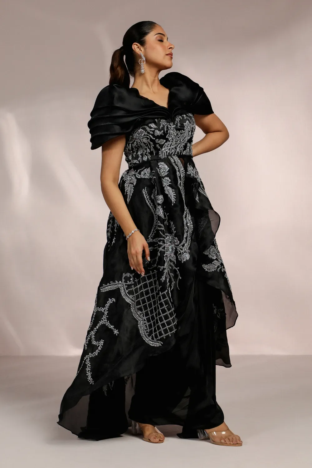 LONG PEPLUM TOP AND DRAPE SKIRT SET