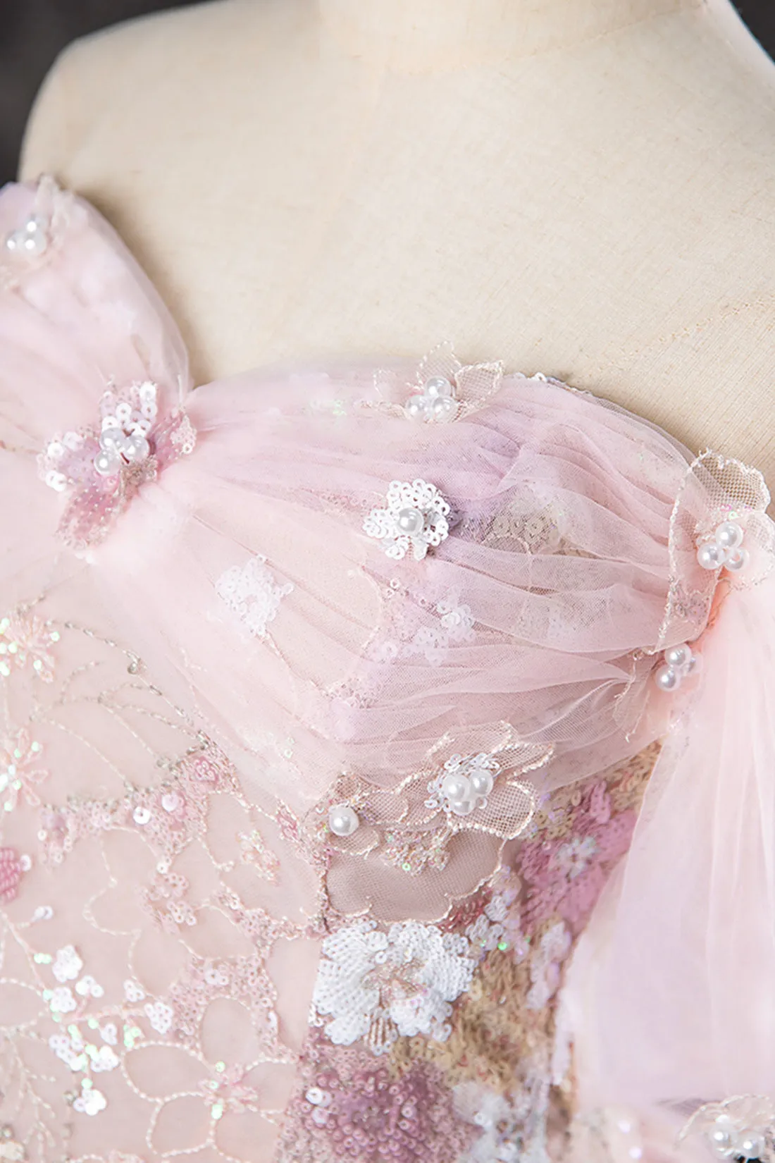 Lovely A-Line Off the Shoulder Sequins Prom Dress, Pink Tulle Corset Floor Length Evening Dress