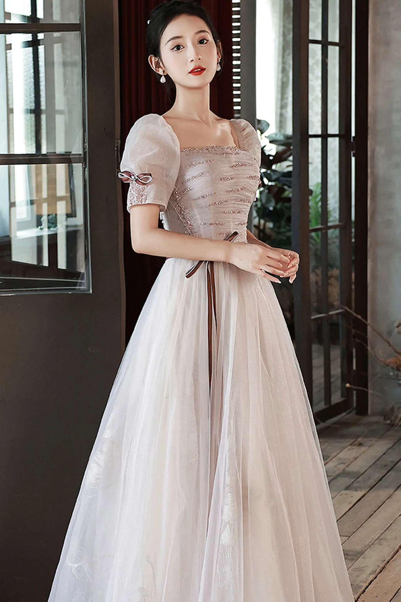 Lovely Tulle Sequins Long Prom Dress, A-Line Short Sleeve Evening Dress