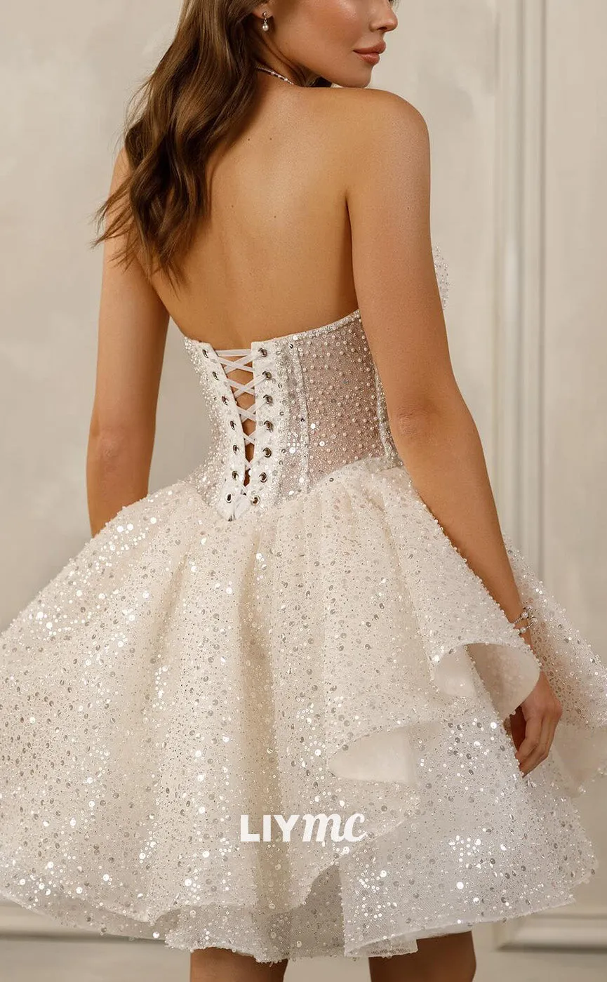 LW952 - Sweetheart Puff Sleeves Sparkly Pleated A-Line Short Beach Wedding Dress