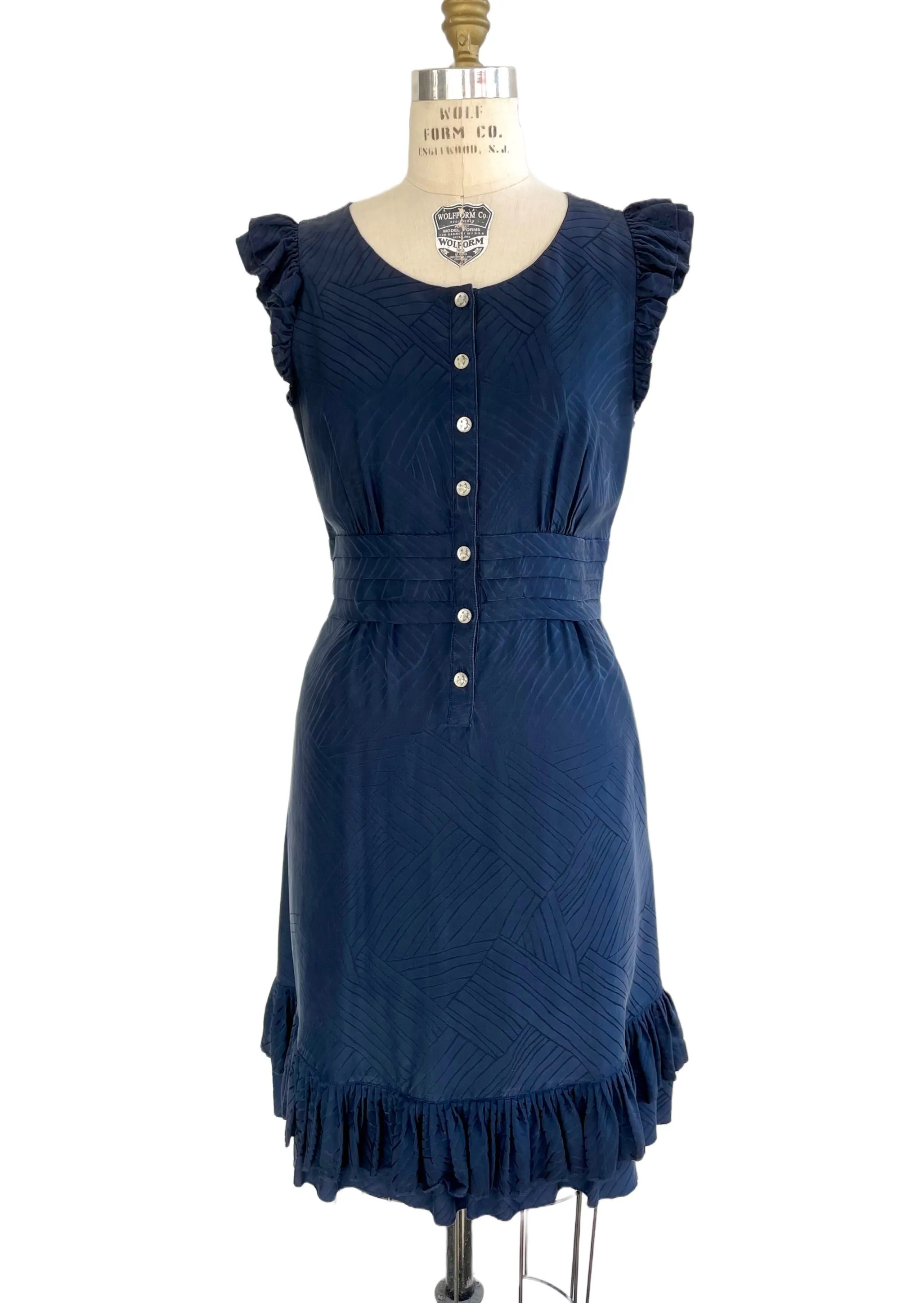 MARC BY MARC JACOBS Women's navy silk button front sleeveless dress with ruffles, 10