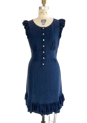 MARC BY MARC JACOBS Women's navy silk button front sleeveless dress with ruffles, 10