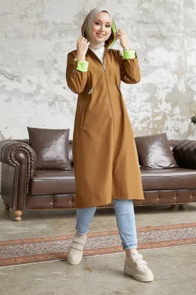 MDS Women Waist Ruffled Hooded Neon Trench Coat - Brown \ Green - Cary