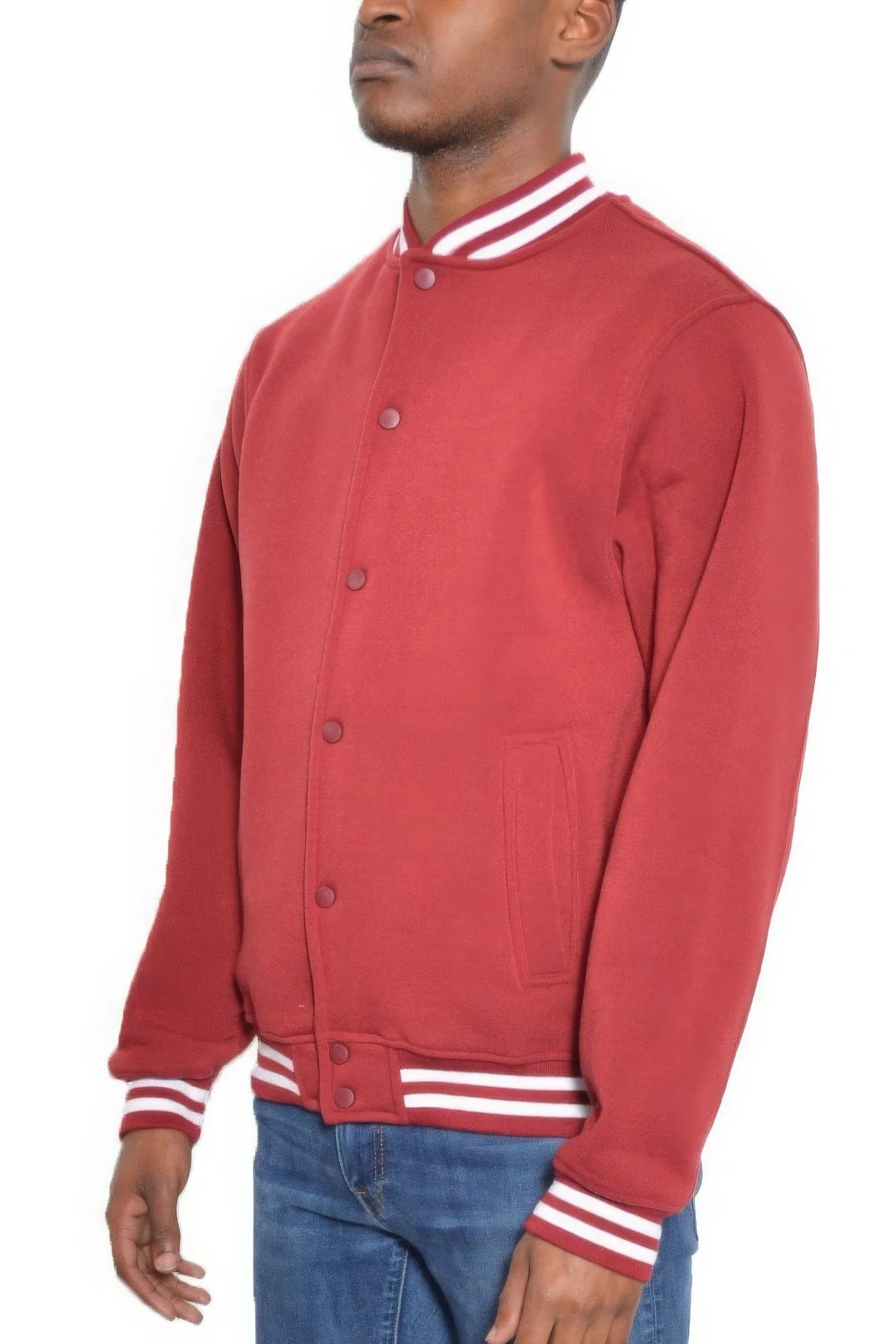Mens Fleece Snap Button Varsity Jacket-Red