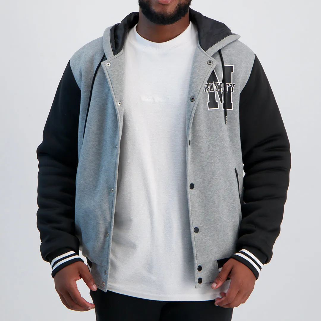 MENS MODA GREY FLEECE VARSITY HOODED JACKET